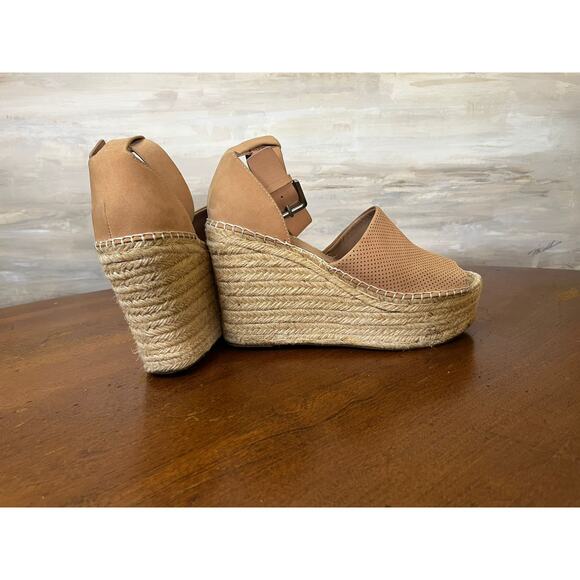 MARC FISHER Perforated Tan Leather ADALYNE Platform Jute Wedge Heels Size 8.5 - Picture 5 of 7
